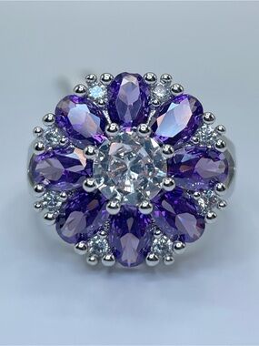 Swarovski Crystal Elements Purple White Crystal Floral Statement Ring Sz 7